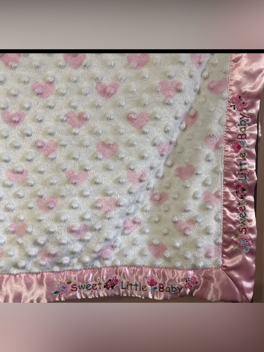 Carter's Child of Mine Sweet Little Baby Pink Minky Blanket with Hearts Satin
